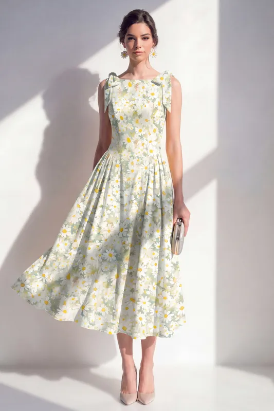 A-Line Light Green Bateau Neck Chiffon Midi Floral Dress made by Zapaka