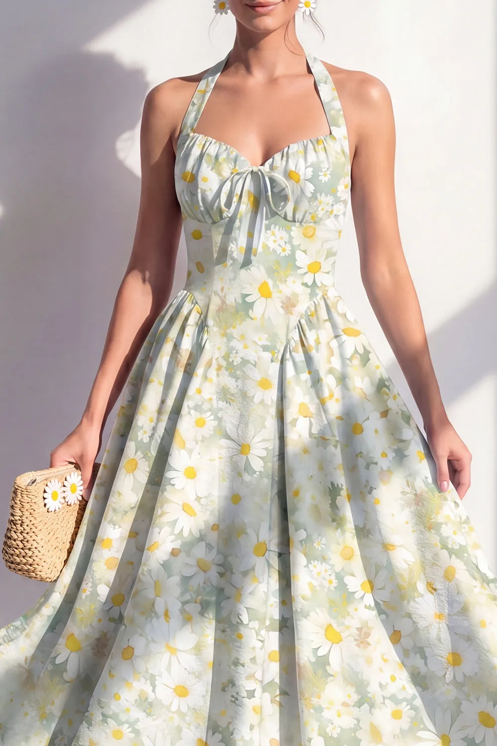 Light Green A-Line Halter Neck Chiffon Midi Floral Dress sold by Zapaka product image thumbnail 3