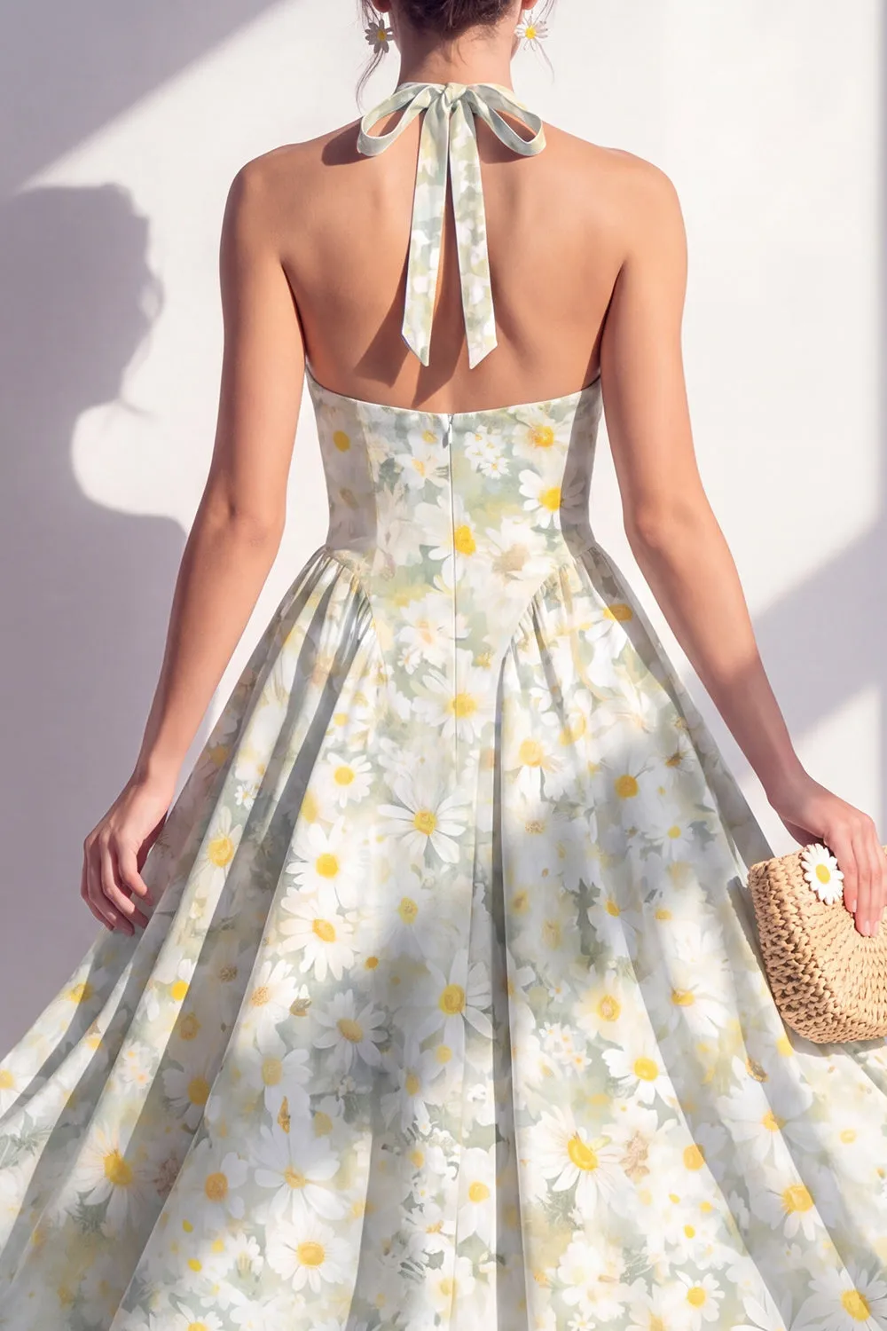 Light Green A-Line Halter Neck Chiffon Midi Floral Dress sold by Zapaka product image thumbnail 4