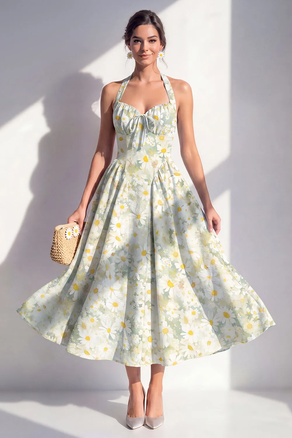 Light Green A-Line Halter Neck Chiffon Midi Floral Dress sold by Zapaka