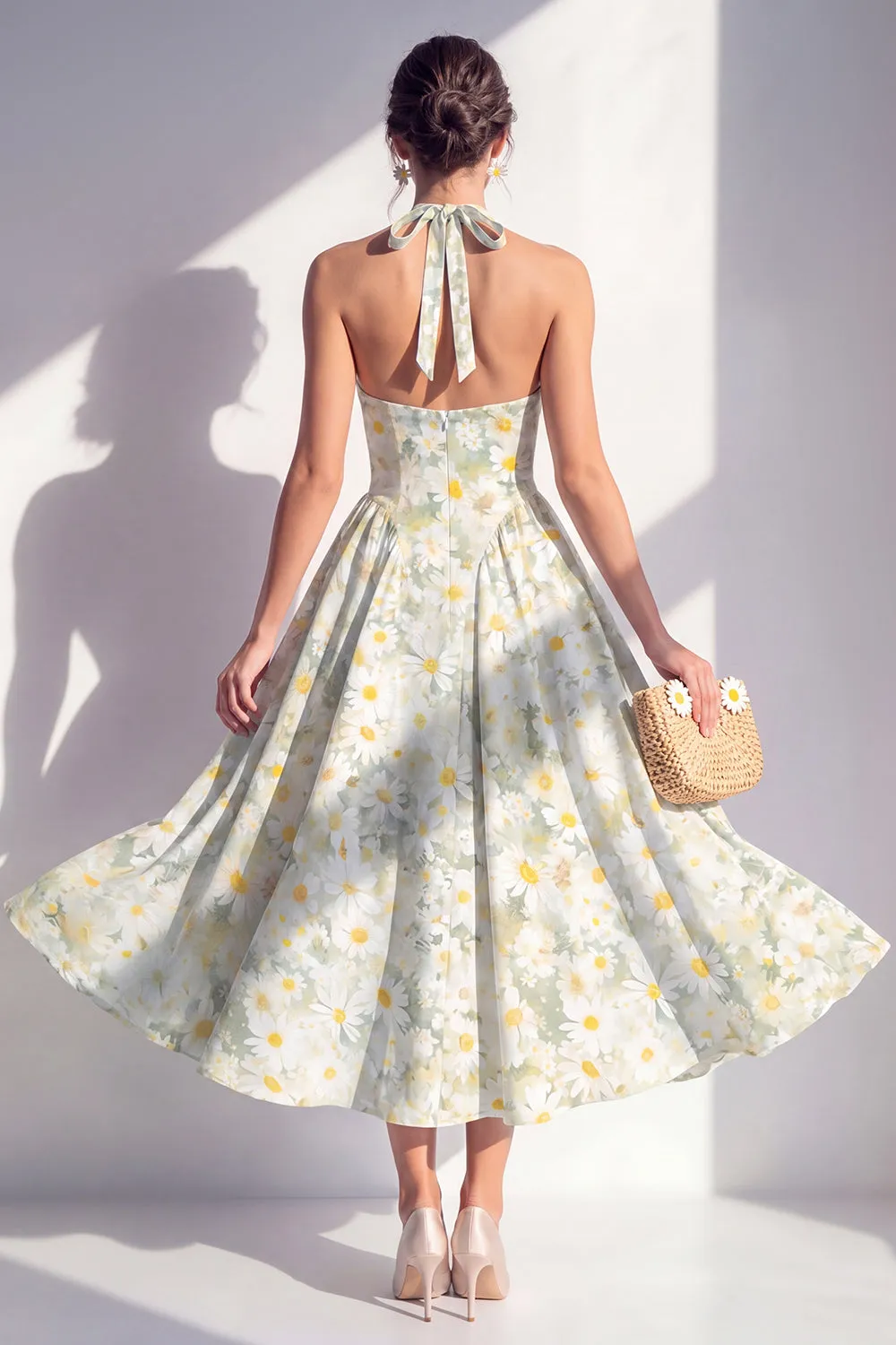 Light Green A-Line Halter Neck Chiffon Midi Floral Dress sold by Zapaka product image thumbnail 2