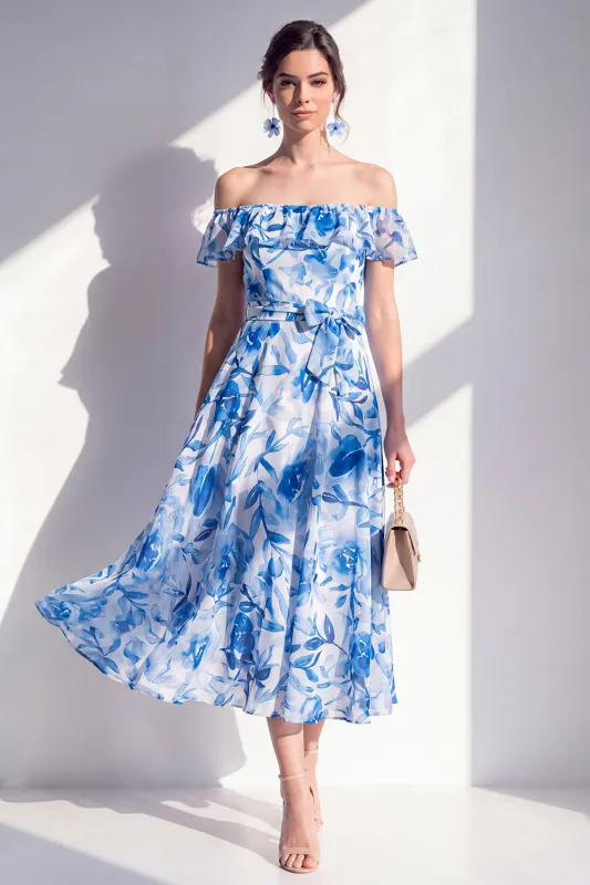 Blue Flower A-Line Off the Shoulder Chiffon Ruffled Midi Dress made by Zapaka