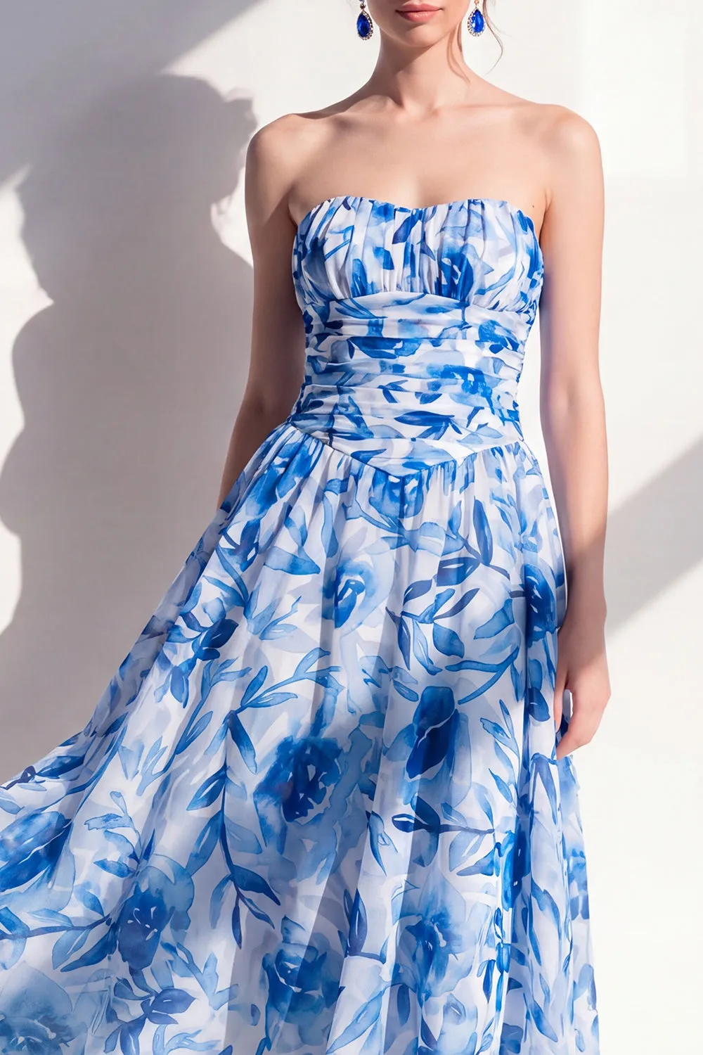 Blue Flower A-Line Strapless Chiffon Ruched Midi Dress sold by Zapaka product image thumbnail 3