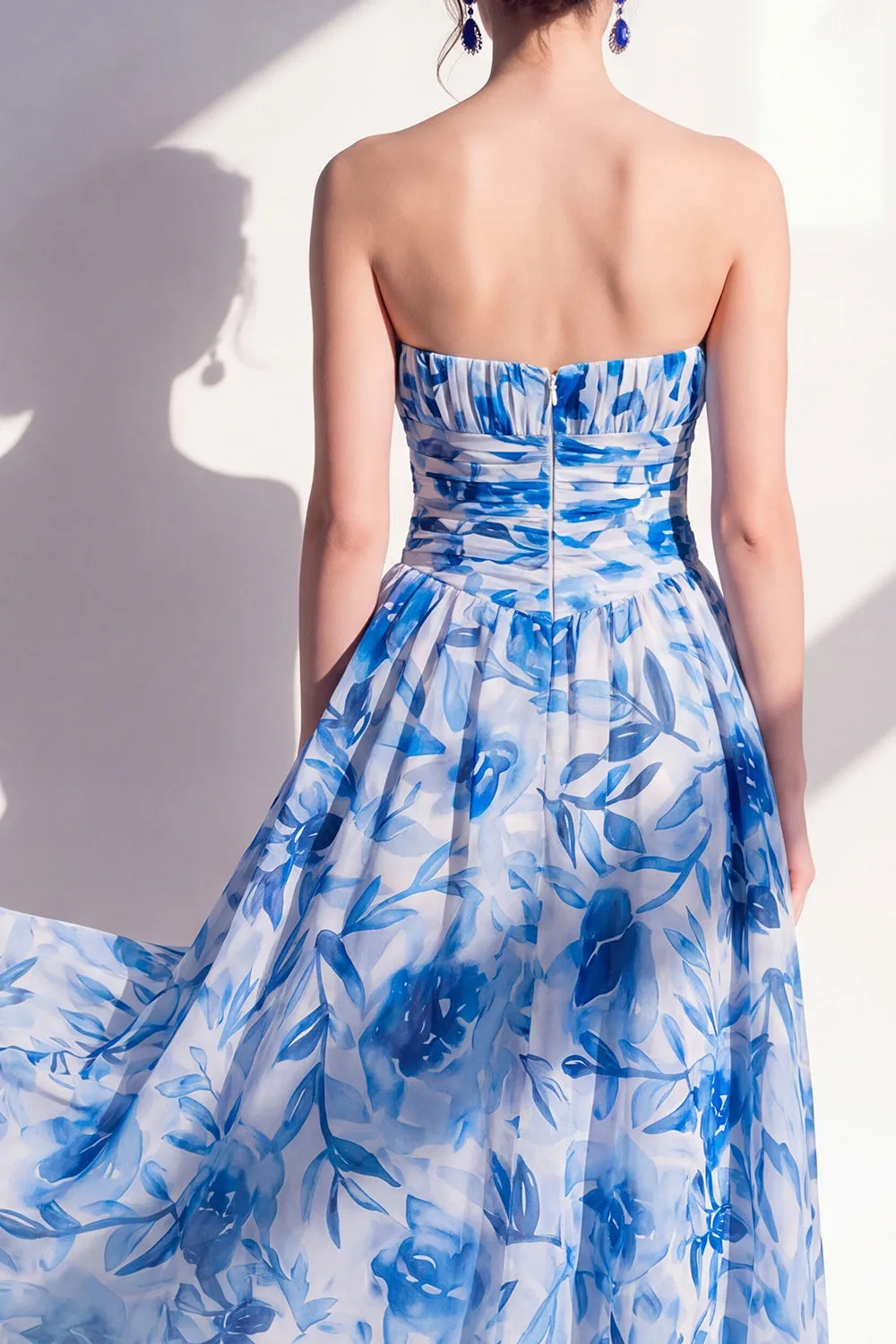 Blue Flower A-Line Strapless Chiffon Ruched Midi Dress sold by Zapaka product image thumbnail 4