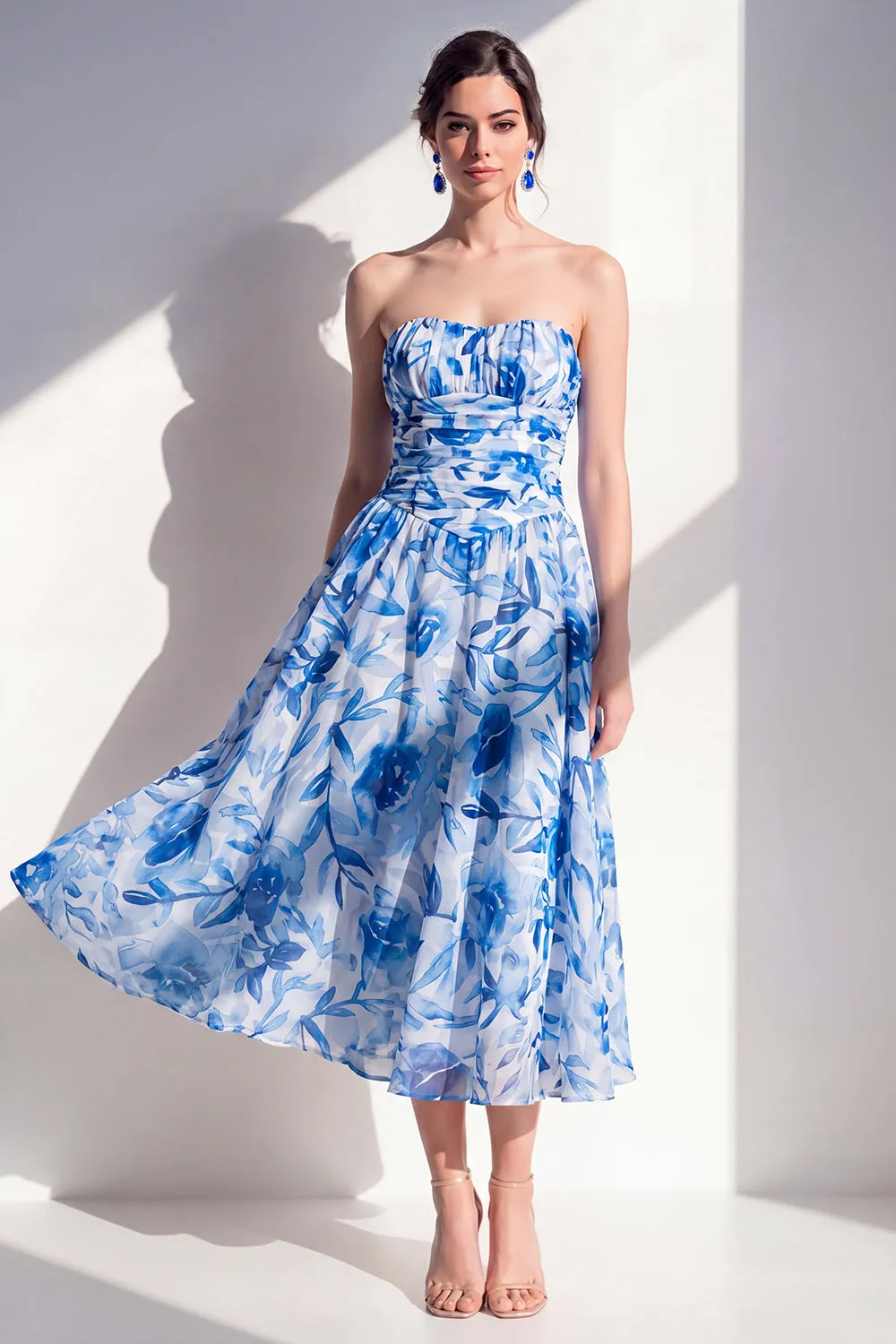 Blue Flower A-Line Strapless Chiffon Ruched Midi Dress sold by Zapaka