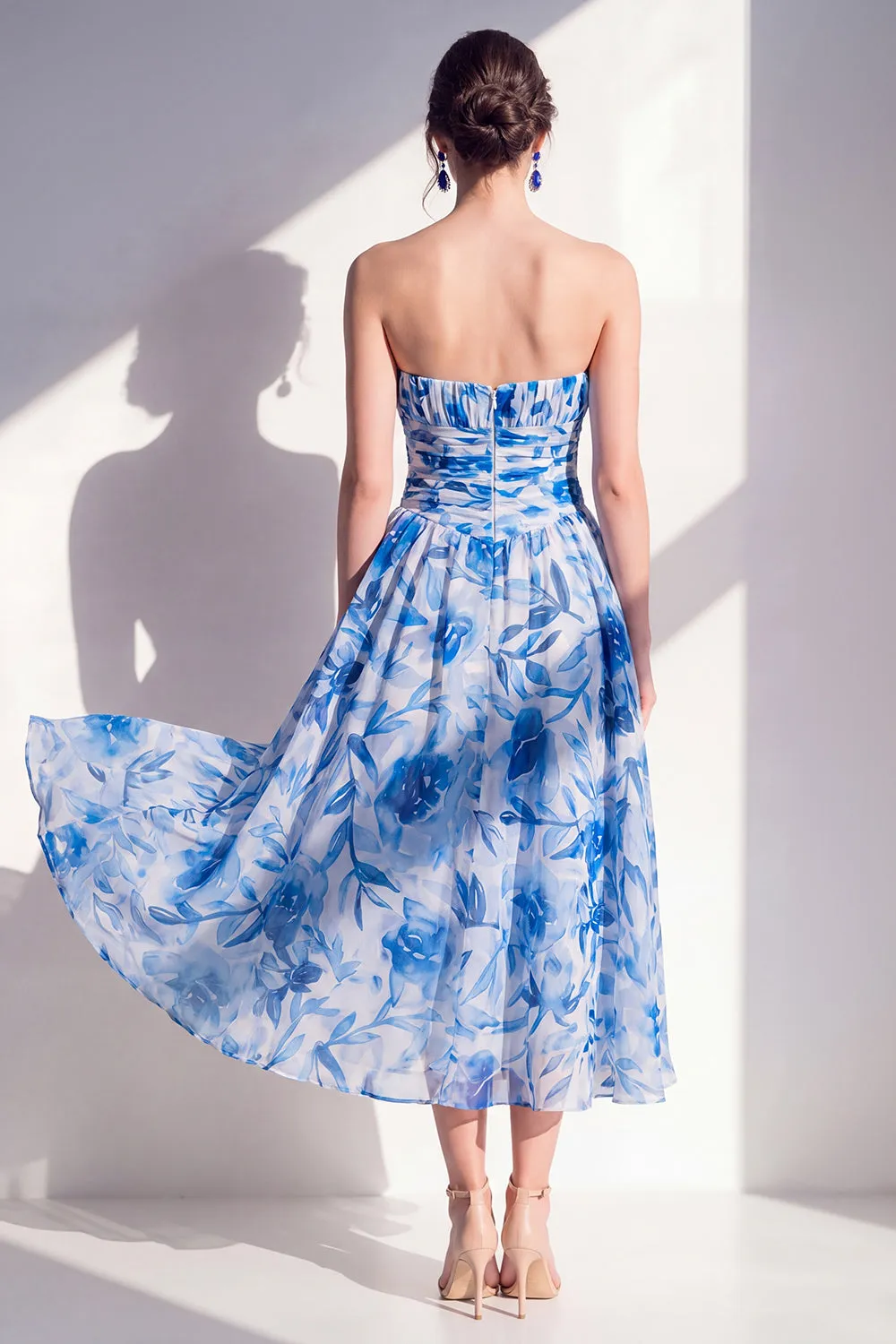 Blue Flower A-Line Strapless Chiffon Ruched Midi Dress sold by Zapaka product image thumbnail 2