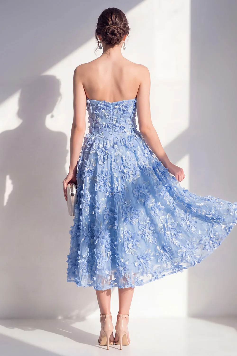 Strapless A-Line Blue Appliqued Floral Midi Dress sold by Zapaka product image thumbnail 2