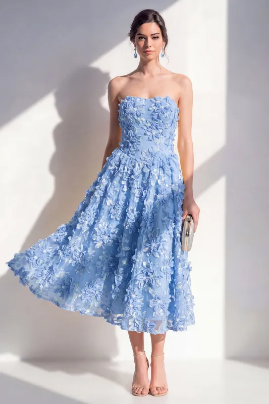Strapless A-Line Blue Appliqued Floral Midi Dress made by Zapaka