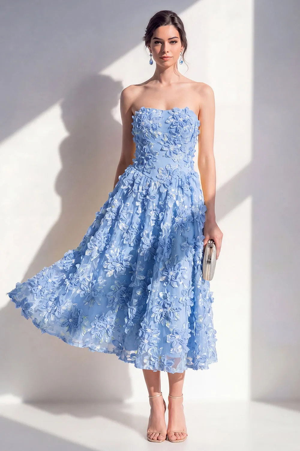 Strapless A-Line Blue Appliqued Floral Midi Dress sold by Zapaka