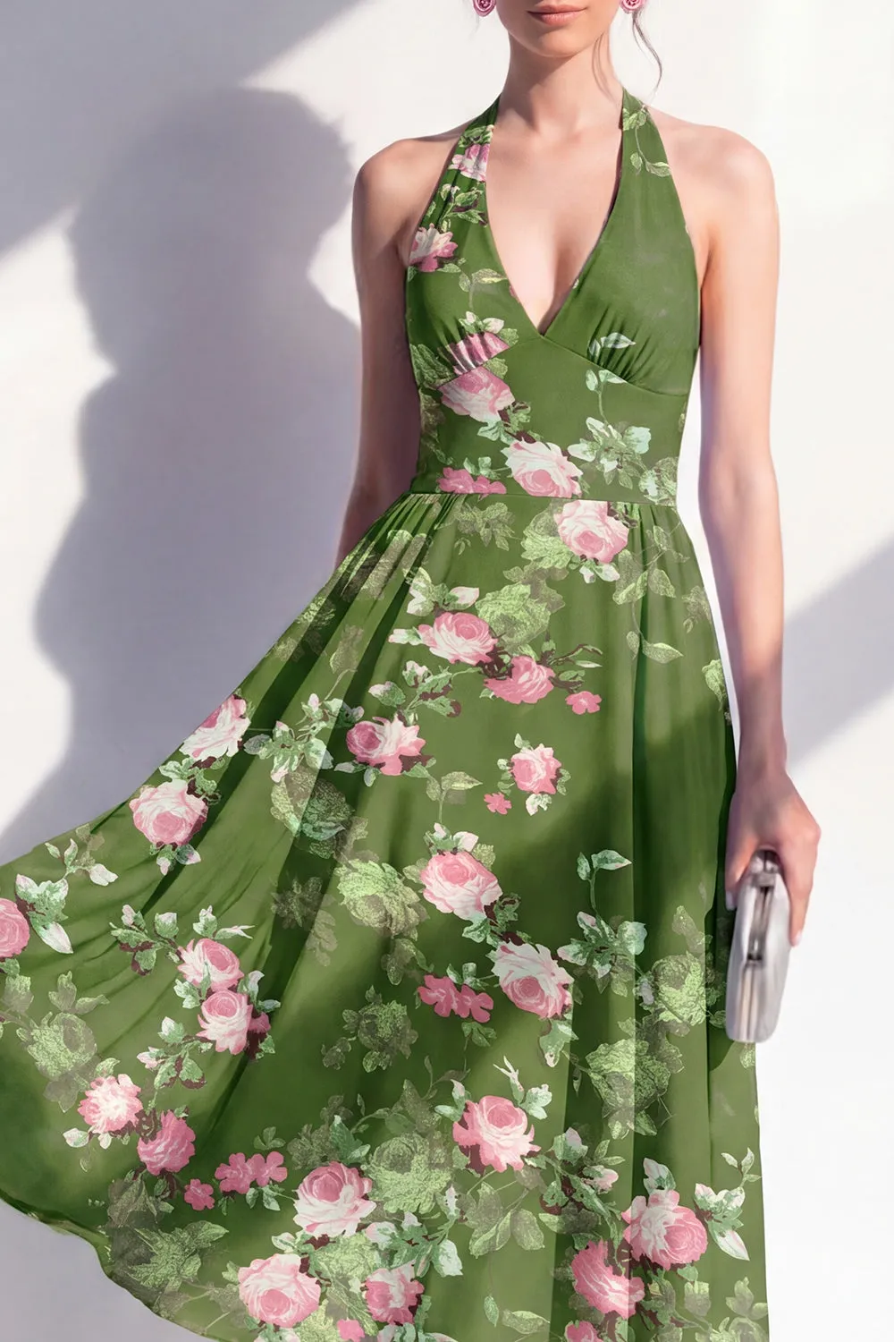 A-Line Chiffon Dark Green Halter Neck Midi Floral Dress sold by Zapaka product image thumbnail 3
