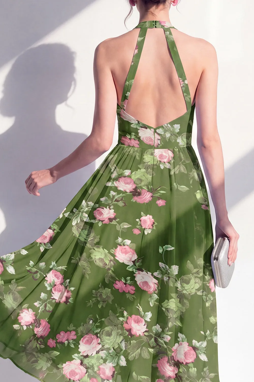 A-Line Chiffon Dark Green Halter Neck Midi Floral Dress sold by Zapaka product image thumbnail 4