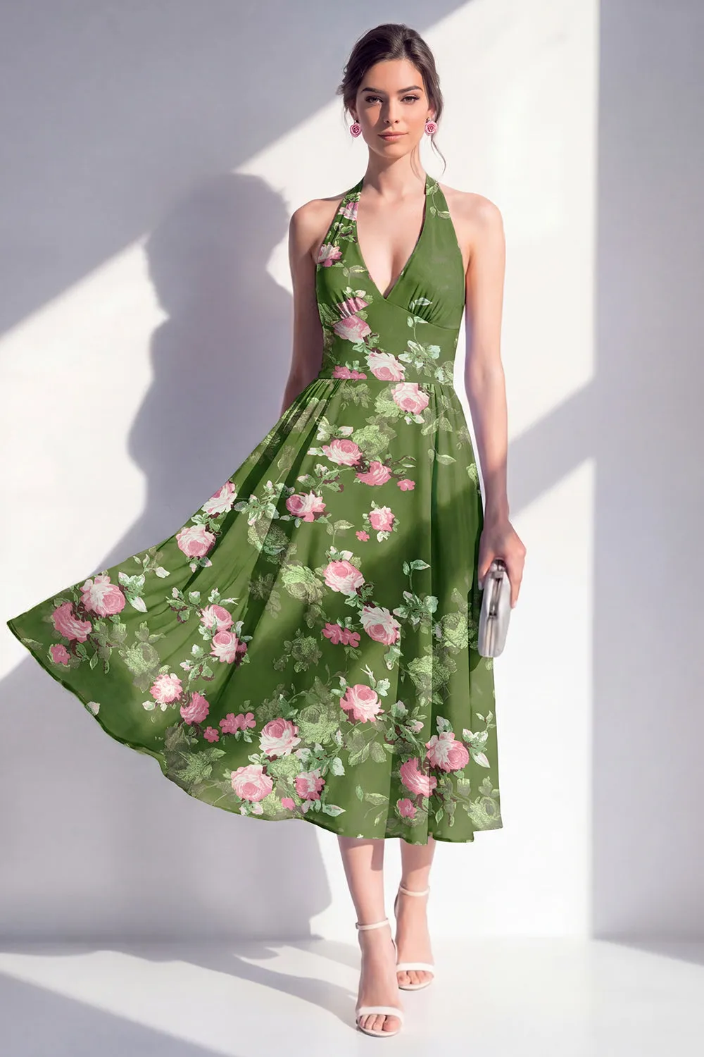 A-Line Chiffon Dark Green Halter Neck Midi Floral Dress sold by Zapaka