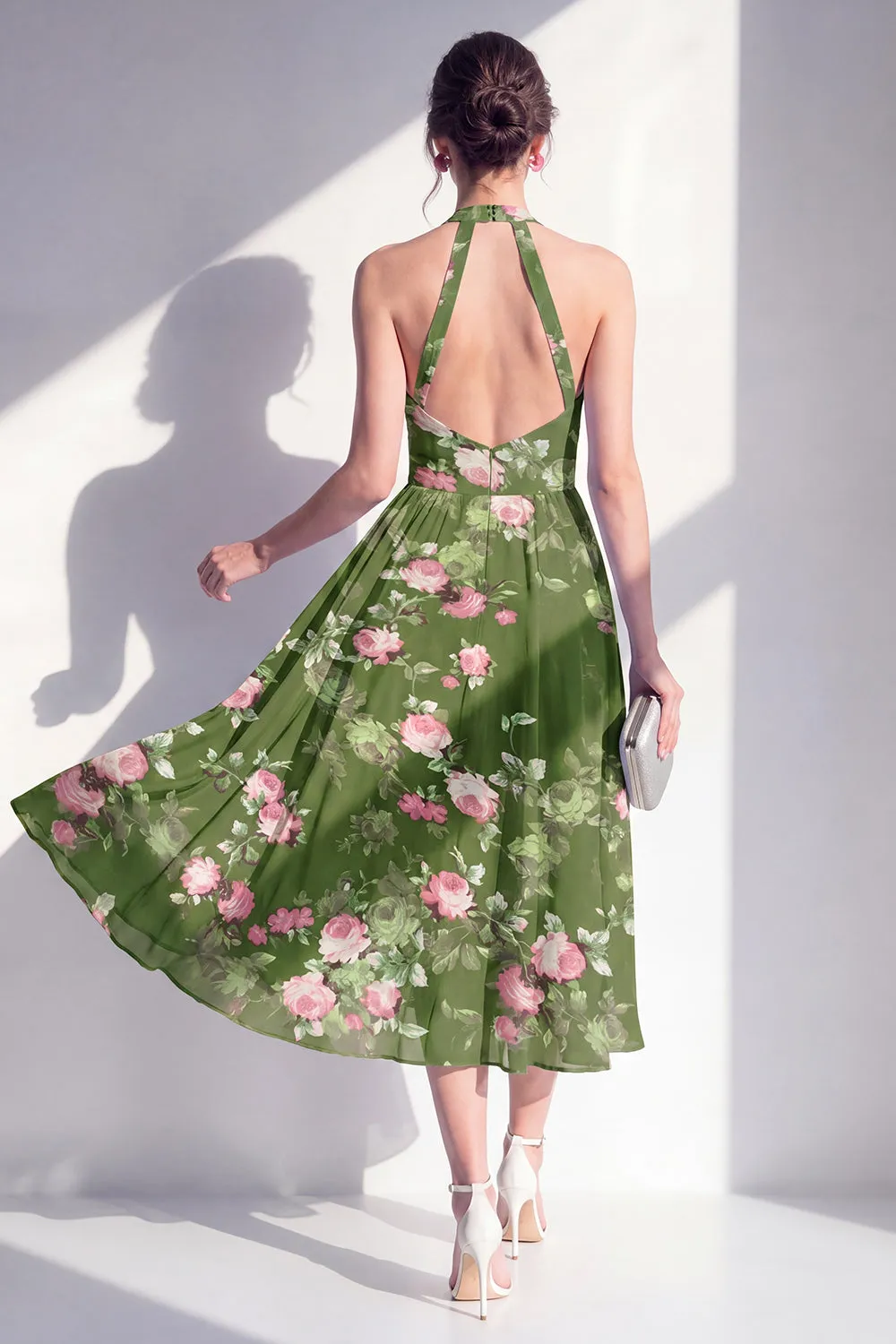 A-Line Chiffon Dark Green Halter Neck Midi Floral Dress sold by Zapaka product image thumbnail 2