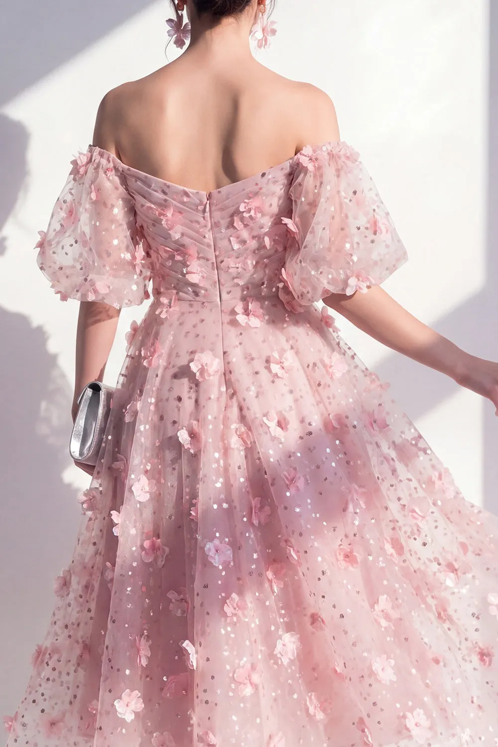 Blush Off the Shoulder A-Line Ruched Sequins Floral Midi Dress sold by Zapaka product image thumbnail 4
