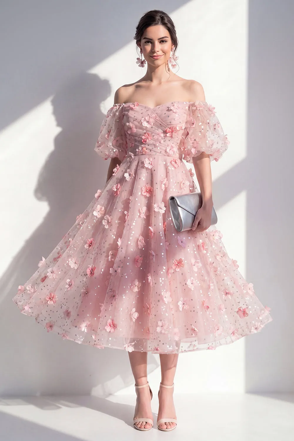 Blush Off the Shoulder A-Line Ruched Sequins Floral Midi Dress sold by Zapaka