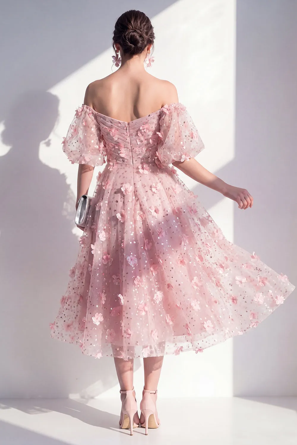 Blush Off the Shoulder A-Line Ruched Sequins Floral Midi Dress sold by Zapaka product image thumbnail 2