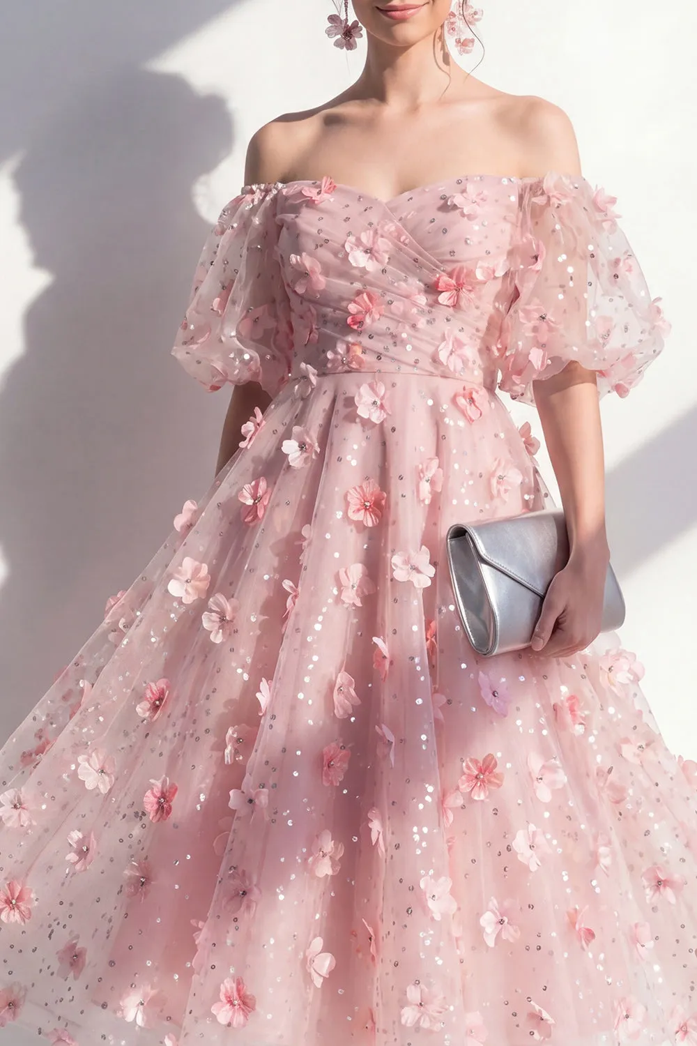 Blush Off the Shoulder A-Line Ruched Sequins Floral Midi Dress sold by Zapaka product image thumbnail 3