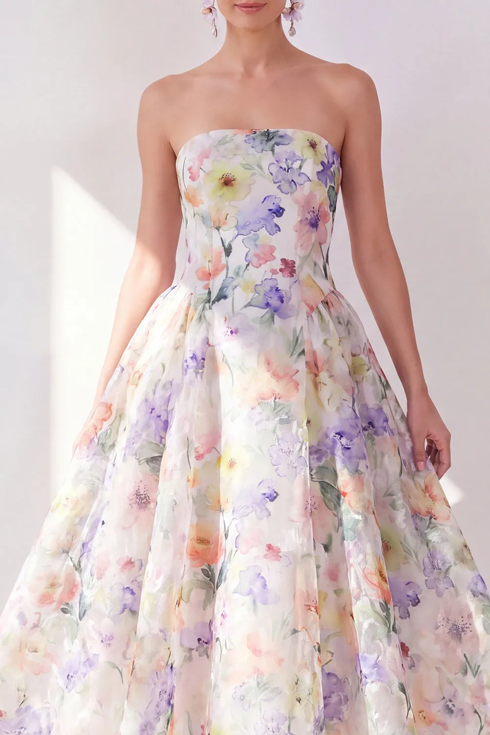 A-Line White Purple Flower Strapless Chiffon Midi Dress sold by Zapaka product image thumbnail 3