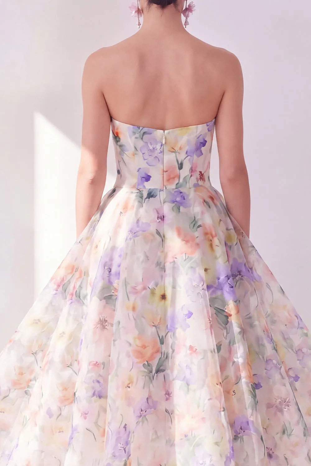A-Line White Purple Flower Strapless Chiffon Midi Dress sold by Zapaka product image thumbnail 4