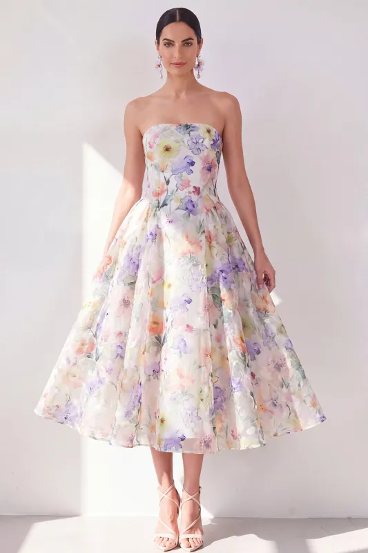 A-Line White Purple Flower Strapless Chiffon Midi Dress made by Zapaka