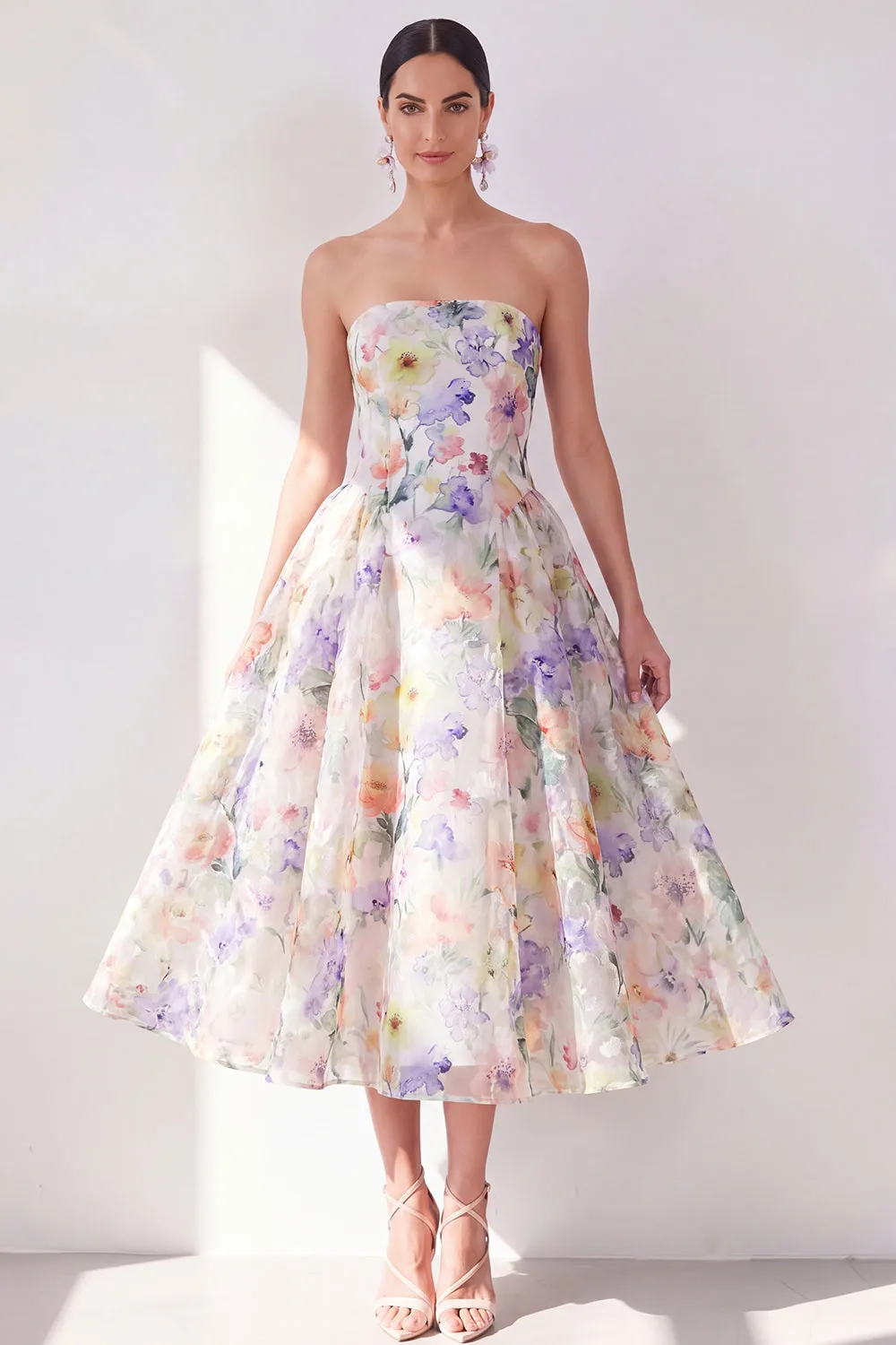 A-Line White Purple Flower Strapless Chiffon Midi Dress sold by Zapaka