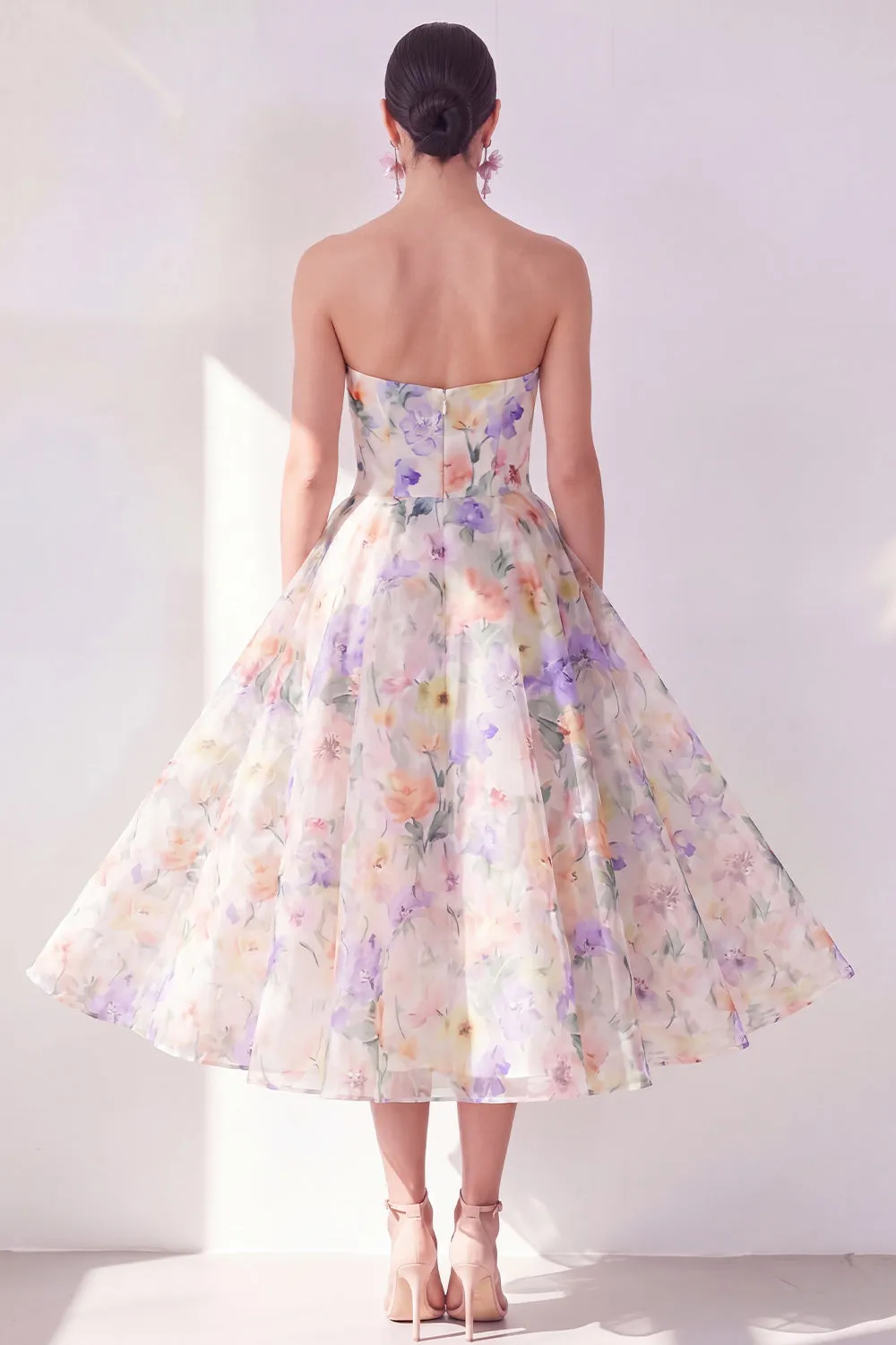 A-Line White Purple Flower Strapless Chiffon Midi Dress sold by Zapaka product image thumbnail 2