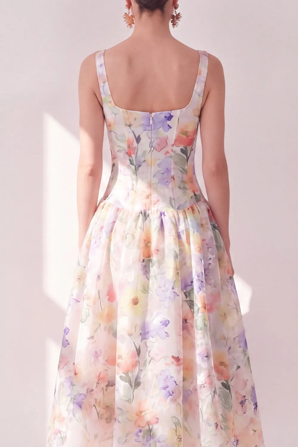 White Purple Flower A-Line Square Neck Chiffon Corset Midi Dress sold by Zapaka product image thumbnail 4