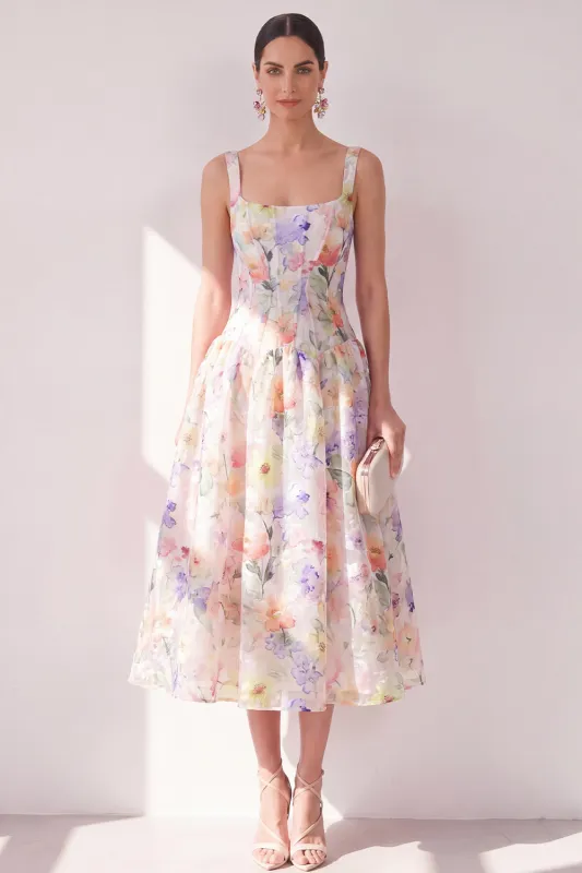 White Purple Flower A-Line Square Neck Chiffon Corset Midi Dress made by Zapaka