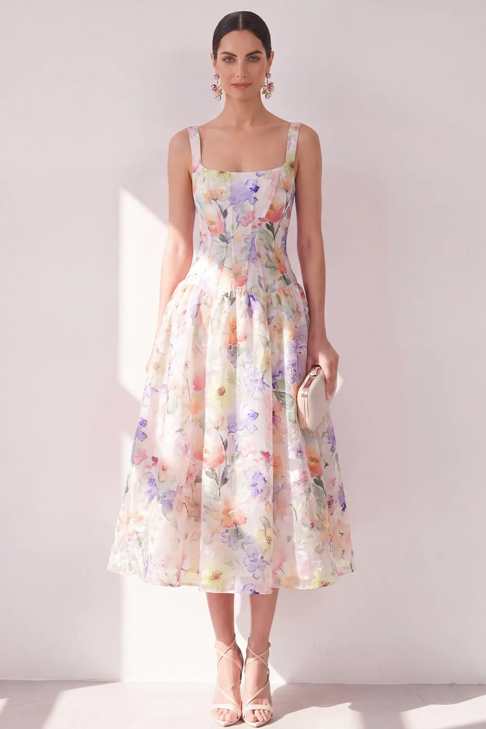 White Purple Flower A-Line Square Neck Chiffon Corset Midi Dress sold by Zapaka