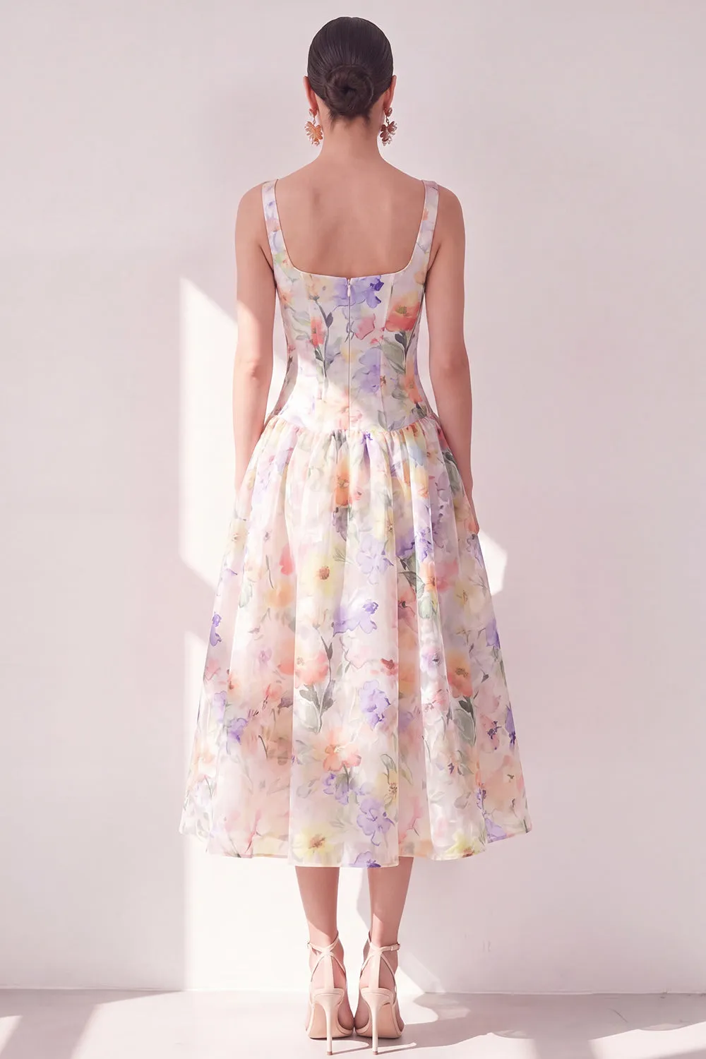 White Purple Flower A-Line Square Neck Chiffon Corset Midi Dress sold by Zapaka product image thumbnail 2
