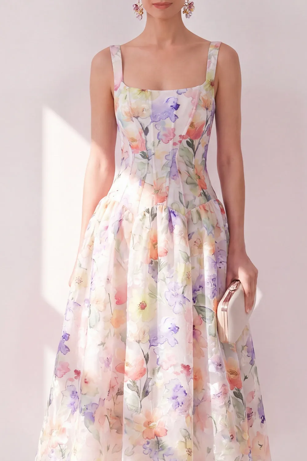 White Purple Flower A-Line Square Neck Chiffon Corset Midi Dress sold by Zapaka product image thumbnail 3