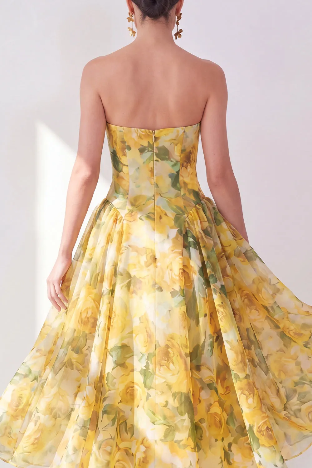 A-Line Yellow Strapless Chiffon Printed Midi Floral Dress sold by Zapaka product image thumbnail 4