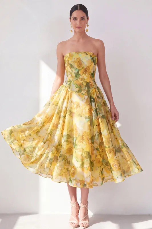 A-Line Yellow Strapless Chiffon Printed Midi Floral Dress made by Zapaka
