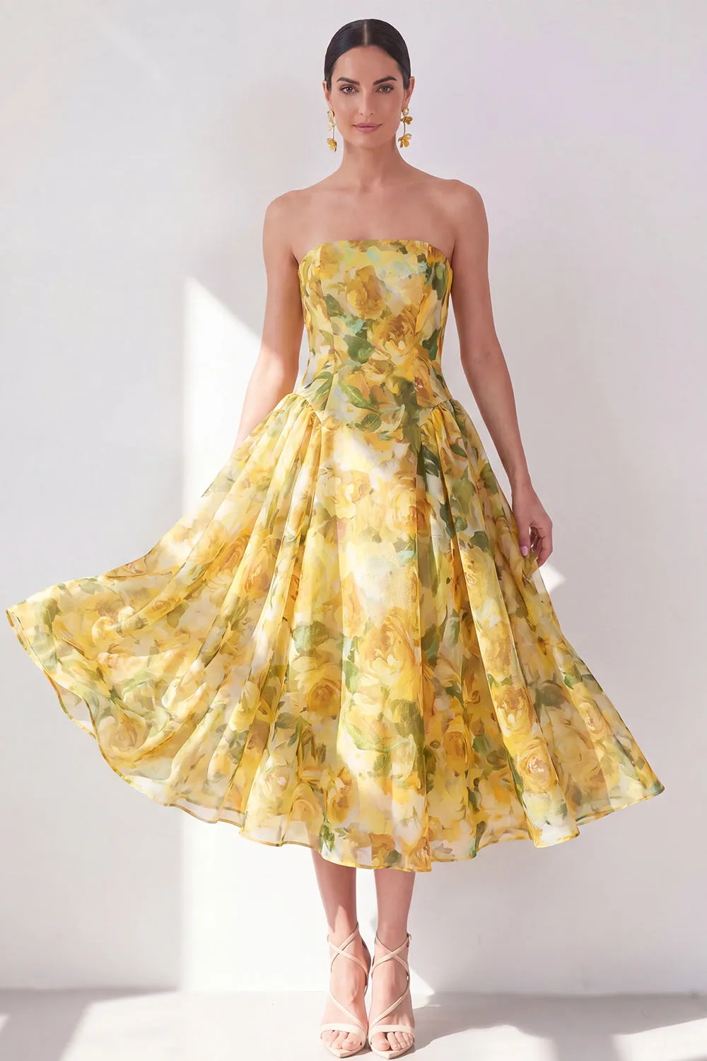 A-Line Yellow Strapless Chiffon Printed Midi Floral Dress sold by Zapaka