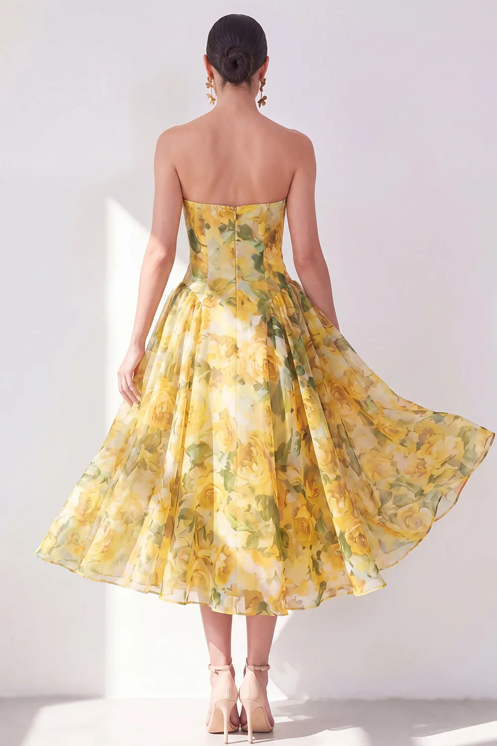 A-Line Yellow Strapless Chiffon Printed Midi Floral Dress sold by Zapaka product image thumbnail 2
