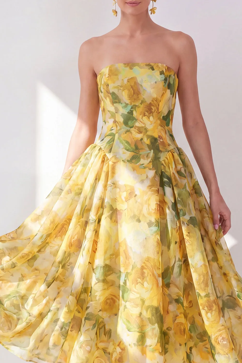 A-Line Yellow Strapless Chiffon Printed Midi Floral Dress sold by Zapaka product image thumbnail 3