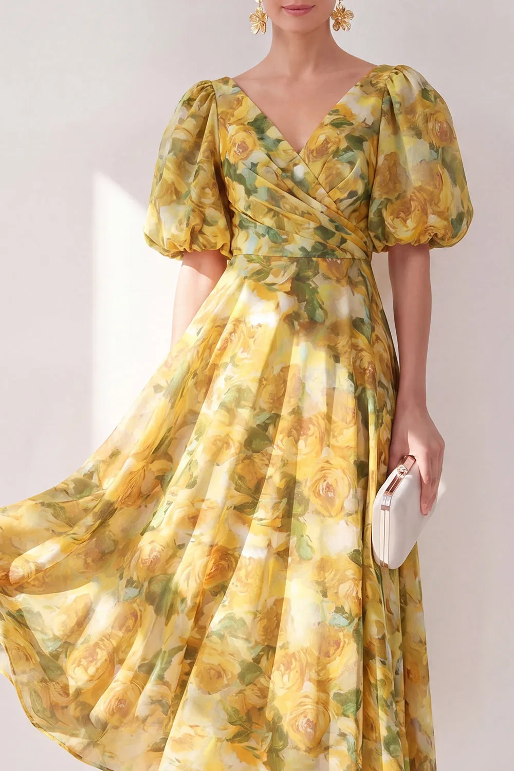 A-Line Yellow V-Neck Ruched Midi Floral Dress with Puff Sleeves sold by Zapaka product image thumbnail 3