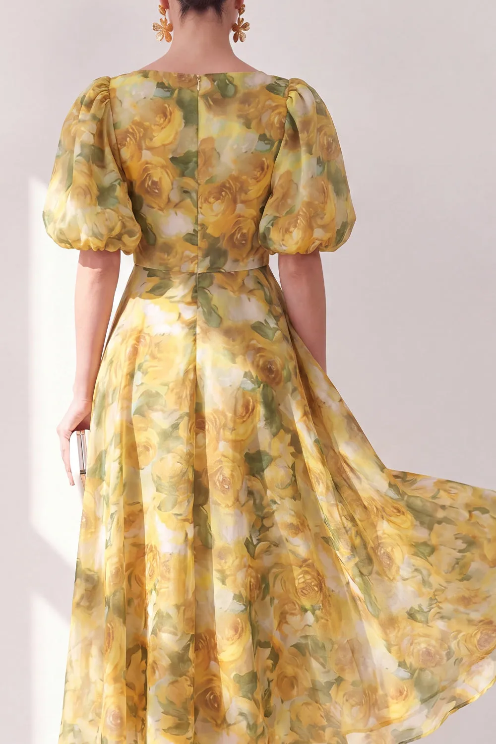A-Line Yellow V-Neck Ruched Midi Floral Dress with Puff Sleeves sold by Zapaka product image thumbnail 4