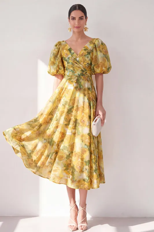 A-Line Yellow V-Neck Ruched Midi Floral Dress with Puff Sleeves made by Zapaka