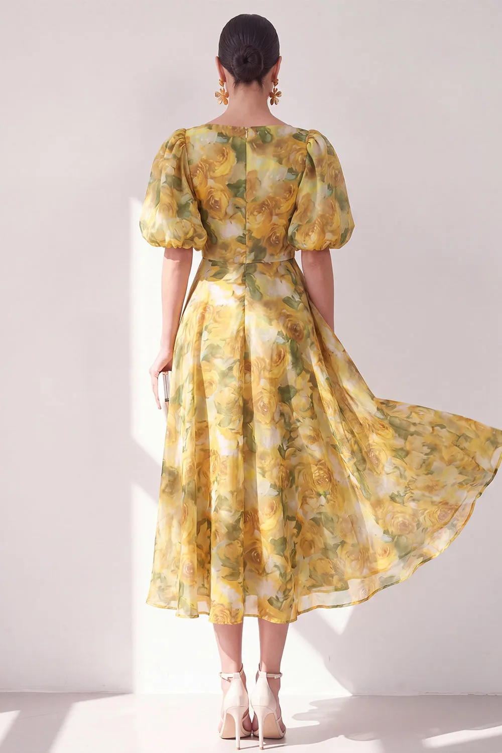 A-Line Yellow V-Neck Ruched Midi Floral Dress with Puff Sleeves sold by Zapaka product image thumbnail 2