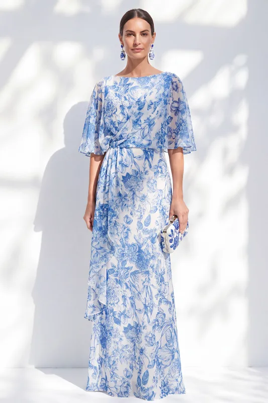 White Blue Flower Mermaid Chiffon Bateau Neck Long Ruffled Mother Of the Bride Dress made by Zapaka