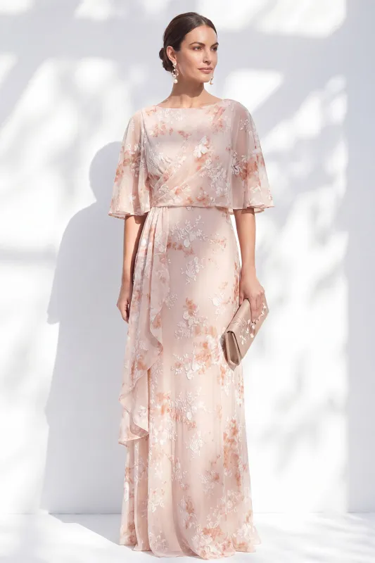Mermaid Champagne Floral Bateau Neck Ruffled Long Mother Of the Bride Dress made by Zapaka