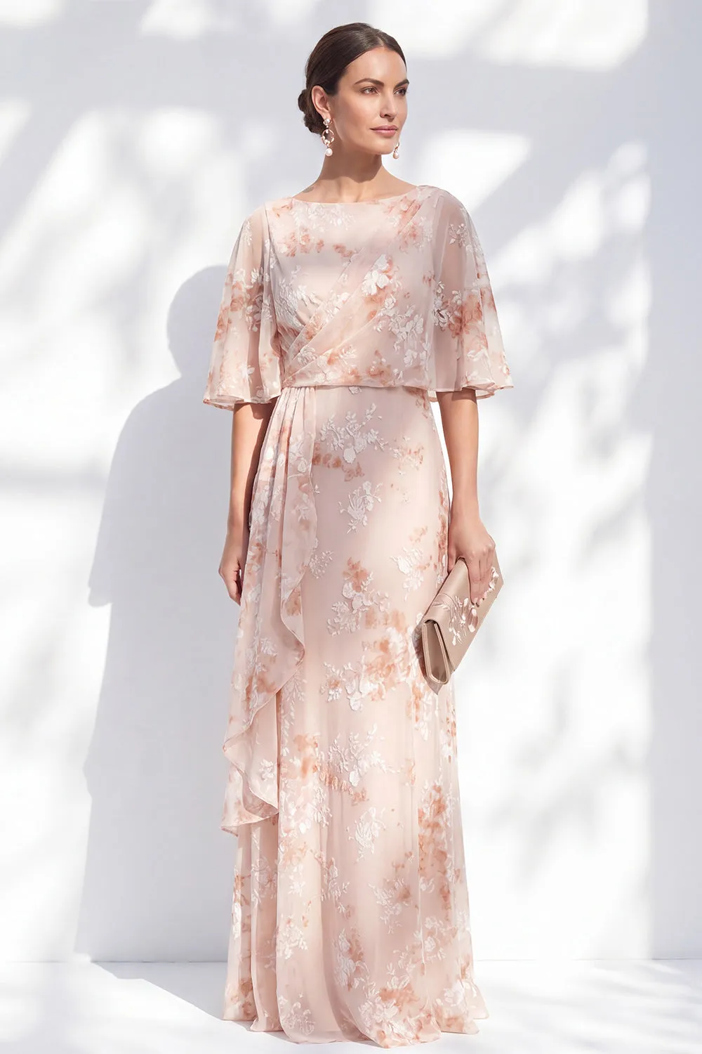 Mermaid Champagne Floral Bateau Neck Ruffled Long Mother Of the Bride Dress sold by Zapaka