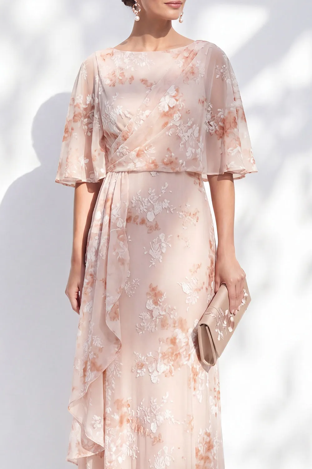 Mermaid Champagne Floral Bateau Neck Ruffled Long Mother Of the Bride Dress sold by Zapaka product image thumbnail 3