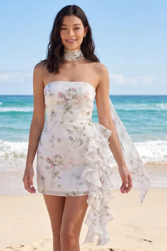 Strapless Floral Ruffled Bodycon Little White Dress made by Zapaka