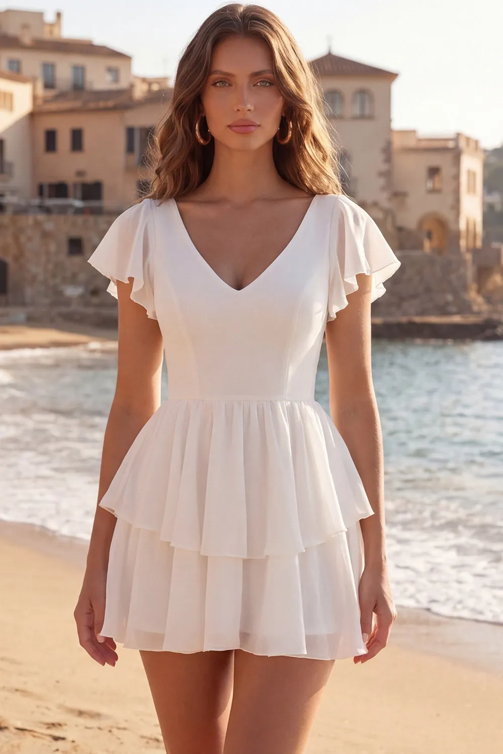 Tiered V Neck Ruffled A Line Little White Dress sold by Zapaka