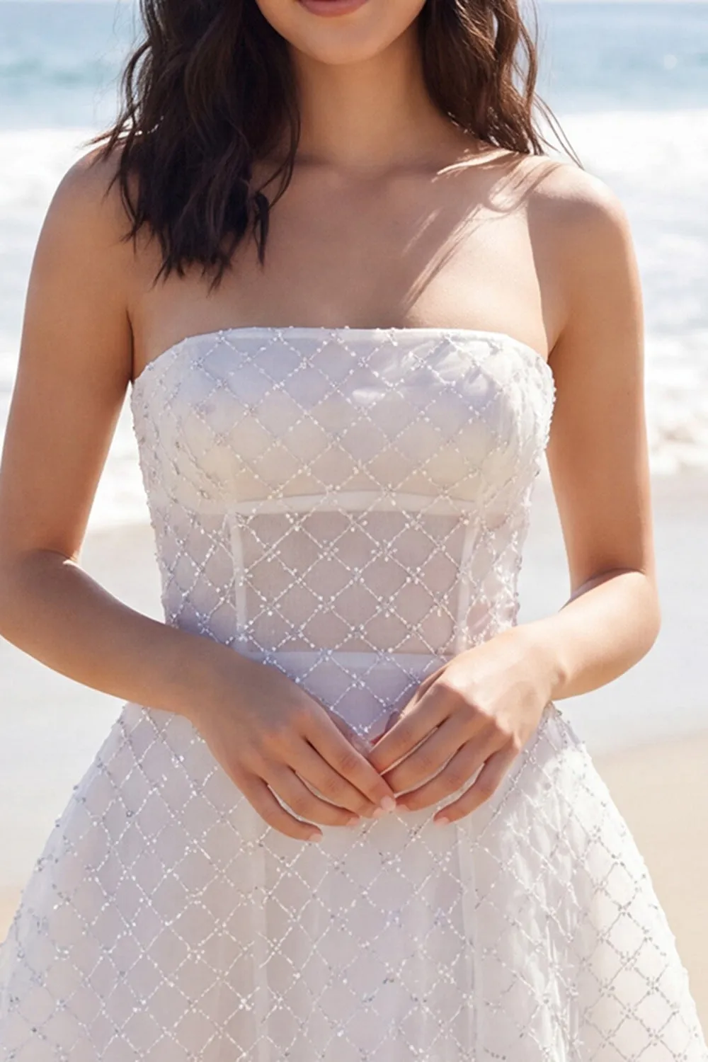 Ivory A Line Strapless Corset Beaded Mini Dress sold by Zapaka product image thumbnail 3