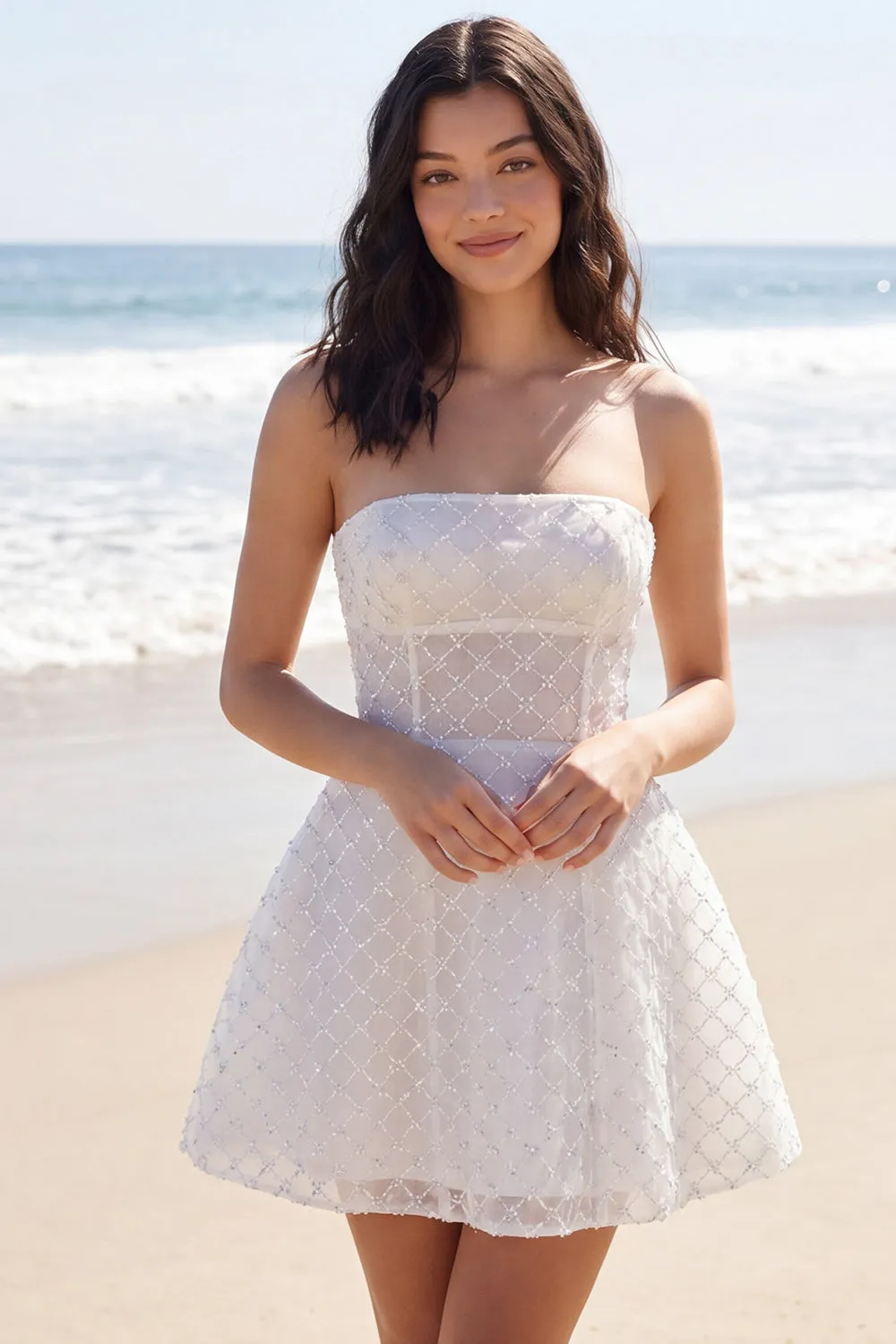 Ivory A Line Strapless Corset Beaded Mini Dress sold by Zapaka