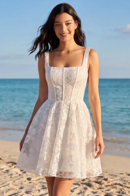 Ivory Floral A Line Corset Square Neck Graduation Dress made by Zapaka
