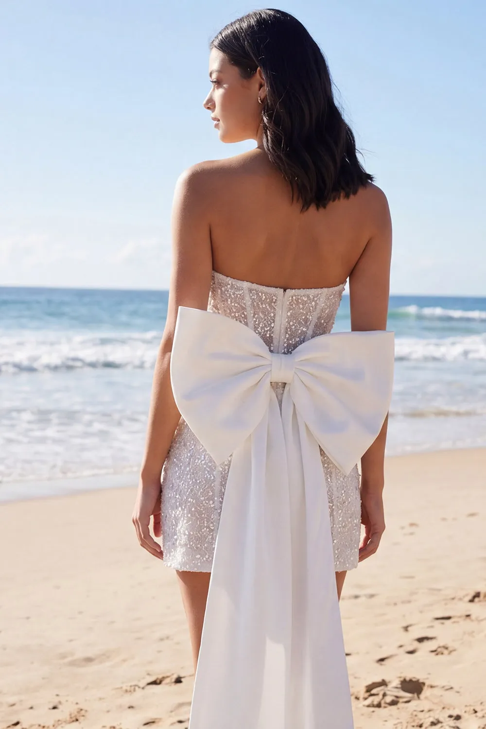 Ivory Strapless Bodycon Sequin Corset Mini Dress with Bow sold by Zapaka product image thumbnail 2